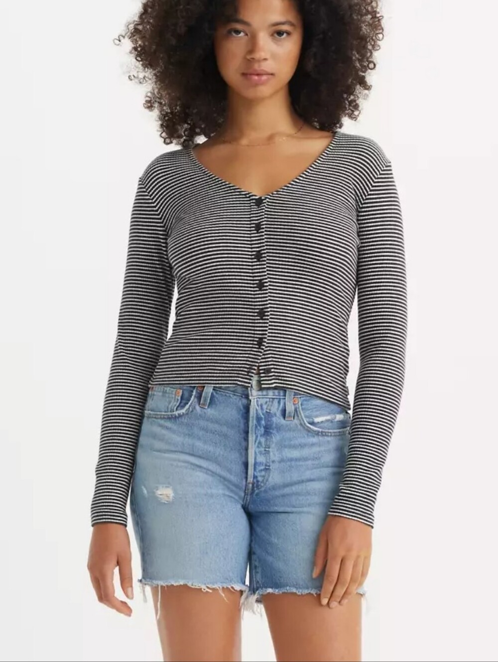 Levi's Muse Long Sleeve T-shirt Black White Striped Cardigan Button Up Top Med
